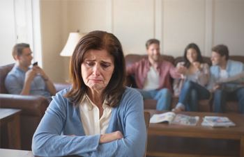 Женщина сидит вдали от компании и грустит